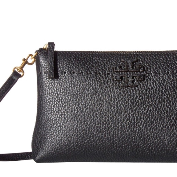 Tory Burch Handbags - Tory Burch Womens Leather Logo Embellished Flat Small Crossbody Handbag Black